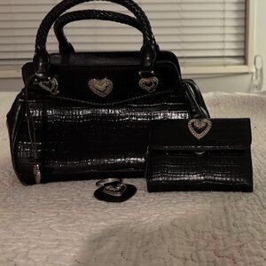 Elegant Black Leather Croc-Embossed Women's Bag Set
